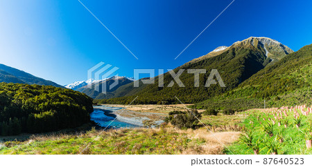 從步行道到新西蘭奧塔哥地區的藍池和馬卡羅阿河的風景 從步行道到新西蘭奧塔哥地區的藍池和馬卡羅阿河的風景 87640523