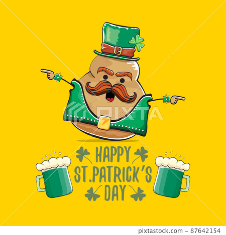 Happy saint patricks day greeting card with funky leprechaun rock star potato character with green particks hat and beer isolated on orange background. Rock n roll hipster vegetable funky character 87642154