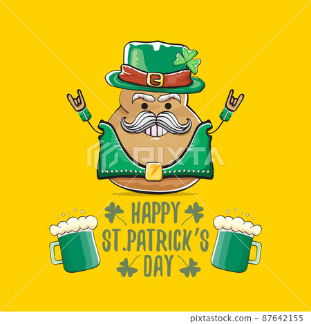 Happy saint patricks day greeting card with funky leprechaun rock star potato character with green particks hat and beer isolated on orange background. Rock n roll hipster vegetable funky character Happy saint patricks day greeting card with funky leprechaun rock star potato character with green particks hat and beer isolated on orange background. Rock n roll hipster vegetable funky character 87642155