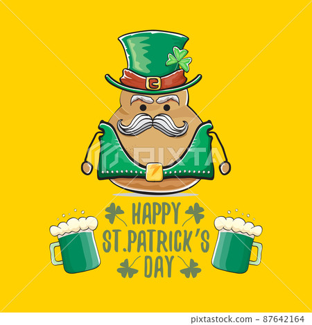 Happy saint patricks day greeting card with funky leprechaun rock star potato character with green particks hat and beer isolated on orange background. Rock n roll hipster vegetable funky character Happy saint patricks day greeting card with funky leprechaun rock star potato character with green particks hat and beer isolated on orange background. Rock n roll hipster vegetable funky character 87642164