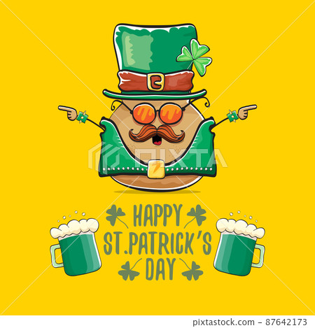 Happy saint patricks day greeting card with funky leprechaun rock star potato character with green particks hat and beer isolated on orange background. Rock n roll hipster vegetable funky character Happy saint patricks day greeting card with funky leprechaun rock star potato character with green particks hat and beer isolated on orange background. Rock n roll hipster vegetable funky character 87642173