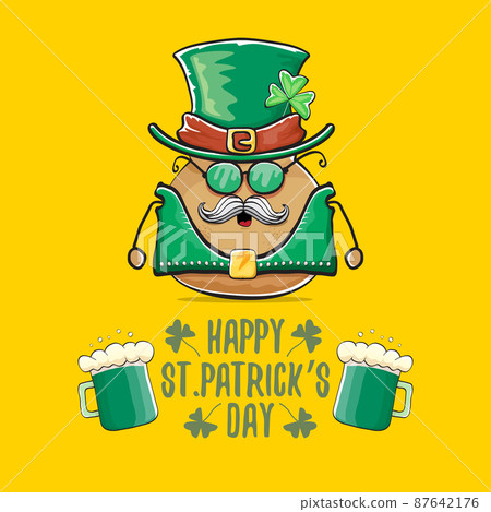 Happy saint patricks day greeting card with funky leprechaun rock star potato character with green particks hat and beer isolated on orange background. Rock n roll hipster vegetable funky character Happy saint patricks day greeting card with funky leprechaun rock star potato character with green particks hat and beer isolated on orange background. Rock n roll hipster vegetable funky character 87642176