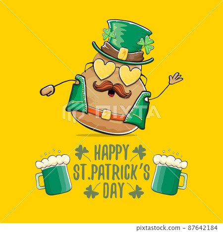 Happy saint patricks day greeting card with funky leprechaun rock star potato character with green particks hat and beer isolated on orange background. Rock n roll hipster vegetable funky character 87642184