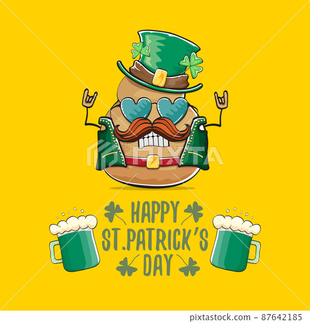 Happy saint patricks day greeting card with funky leprechaun rock star potato character with green particks hat and beer isolated on orange background. Rock n roll hipster vegetable funky character Happy saint patricks day greeting card with funky leprechaun rock star potato character with green particks hat and beer isolated on orange background. Rock n roll hipster vegetable funky character 87642185