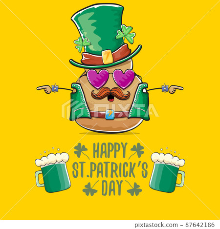 Happy saint patricks day greeting card with funky leprechaun rock star potato character with green particks hat and beer isolated on orange background. Rock n roll hipster vegetable funky character 87642186