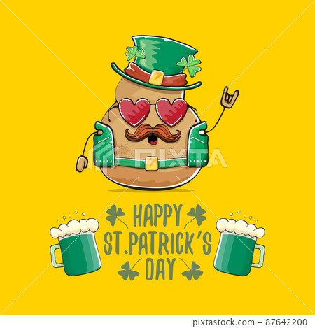 Happy saint patricks day greeting card with funky leprechaun rock star potato character with green particks hat and beer isolated on orange background. Rock n roll hipster vegetable funky character Happy saint patricks day greeting card with funky leprechaun rock star potato character with green particks hat and beer isolated on orange background. Rock n roll hipster vegetable funky character 87642200