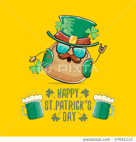Happy saint patricks day greeting card with funky leprechaun rock star potato character with green particks hat and beer isolated on orange background. Rock n roll hipster vegetable funky character 87642222