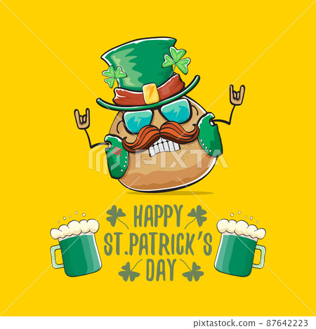 Happy saint patricks day greeting card with funky leprechaun rock star potato character with green particks hat and beer isolated on orange background. Rock n roll hipster vegetable funky character 87642223