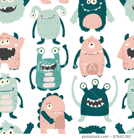 Monsters seamless baby pattern. Hand drawn cute repeat print for nursery fabric Monsters seamless baby pattern. Hand drawn cute repeat print for nursery fabric 87642392
