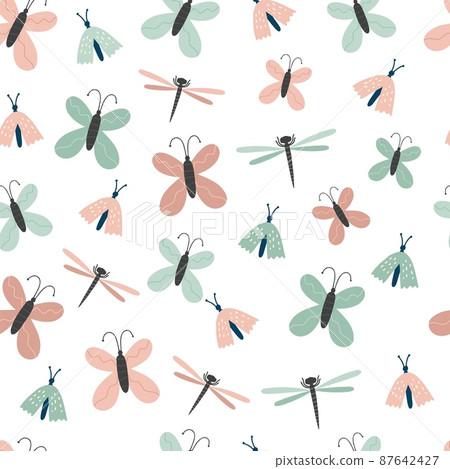 Seamless butterfly pattern. Creative bugs texture for fabric, wrapping, textile, wallpaper, apparel. Vector illustration Seamless butterfly pattern. Creative bugs texture for fabric, wrapping, textile, wallpaper, apparel. Vector illustration 87642427