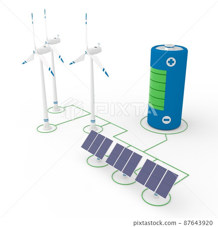Isometric 3d render of network made of wind turbines, solar panels and battery Isometric 3d render of network made of wind turbines, solar panels and battery 87643920