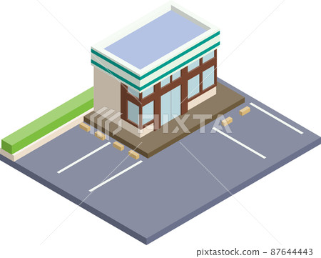 Isometric 3D illustration of a convenience store with a parking lot. Isometric 3D illustration of a convenience store with a parking lot. 87644443