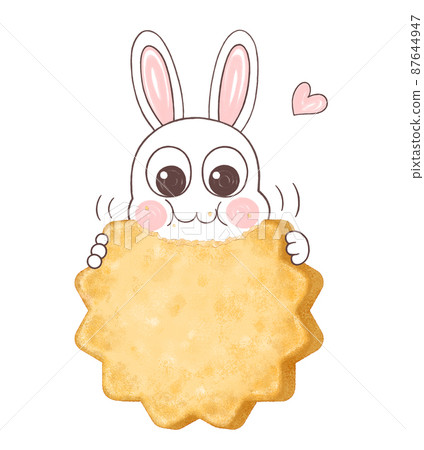Illustration of a rabbit eating a plain die-cut cookie Illustration of a rabbit eating a plain die-cut cookie 87644947