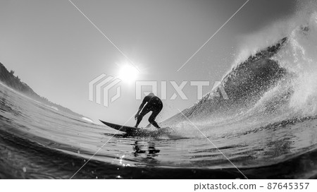 Surfer Surfing Water Bottom Turn Black White Surfer Surfing Water Bottom Turn Black White 87645357