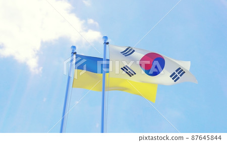 South Korea and Ukraine, two flags waving against blue sky. 3d image South Korea and Ukraine, two flags waving against blue sky. 3d image 87645844