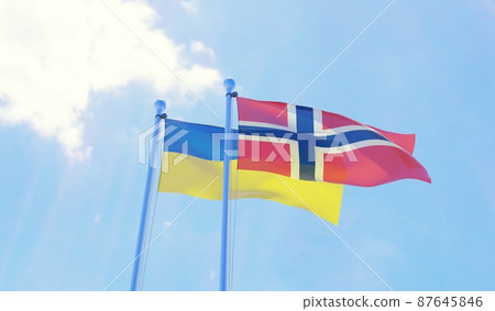 Norway and Ukraine, two flags waving against blue sky. 3d image Norway and Ukraine, two flags waving against blue sky. 3d image 87645846