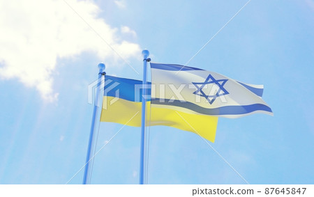 Israel and Ukraine, two flags waving against blue sky. 3d image Israel and Ukraine, two flags waving against blue sky. 3d image 87645847