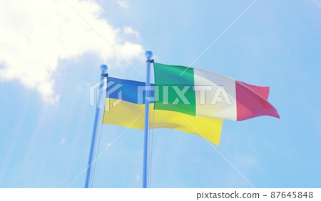 Italy and Ukraine, two flags waving against blue sky. 3d image Italy and Ukraine, two flags waving against blue sky. 3d image 87645848