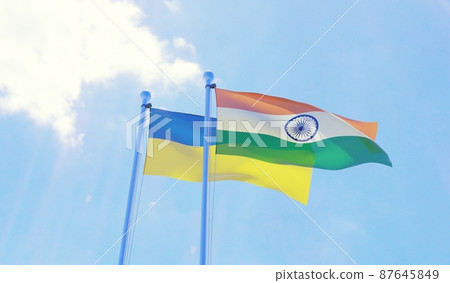 India and Ukraine, two flags waving against blue sky. 3d image India and Ukraine, two flags waving against blue sky. 3d image 87645849