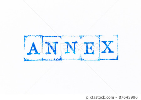 Blue color ink rubber stamp in word annex on white paper background Blue color ink rubber stamp in word annex on white paper background 87645996