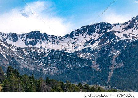 Landscape view of mountains covered in snow in Andorra. Landscape view of mountains covered in snow in Andorra. 87646203