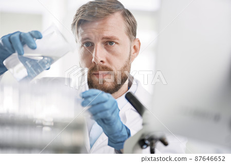 scientist examining liquid samples in the laboratory. 87646652