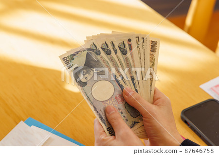 A woman counting money to make ends meet 87646758