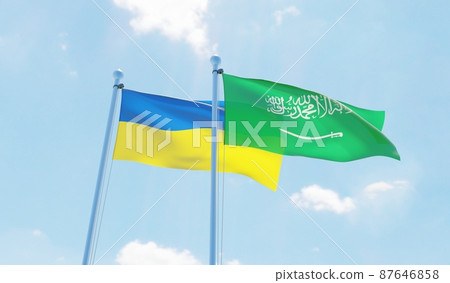 Saudi Arabia and Ukraine, two flags waving against blue sky. 3d image Saudi Arabia and Ukraine, two flags waving against blue sky. 3d image 87646858