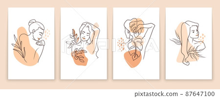 Skincare and beauty posters. Cartoon girl characters making routine cosmetic procedures. Woman's naked body and palm leaves. Abstract spots and line art female figures. Vector posters set Skincare and beauty posters. Cartoon girl characters making routine cosmetic procedures. Woman's naked body and palm leaves. Abstract spots and line art female figures. Vector posters set 87647100