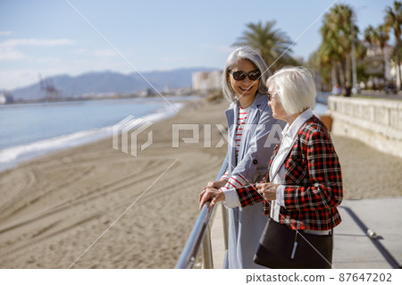 Happy female friends meeting outdoors by sea 87647202