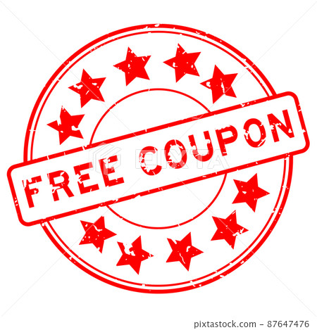 Grunge red free coupon word with star icon round rubber seal stamp on white background 87647476