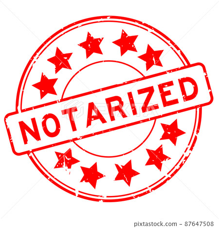 Grunge red notarized word with star icon round rubber seal stamp on white background 87647508