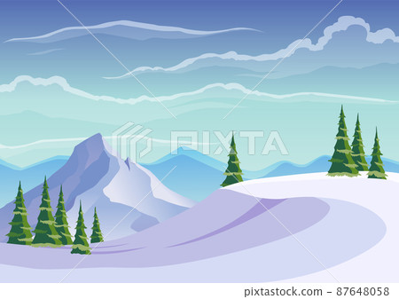 Landscape of ski resort. Blue mountains winter snowy landscape with snows and pine forest on foreground. Mountain peaks and traveling background Landscape of ski resort. Blue mountains winter snowy landscape with snows and pine forest on foreground. Mountain peaks and traveling background 87648058