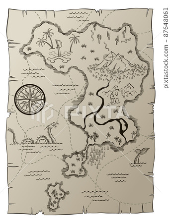 Antique treasure map. Cartoon island map template for next level game - adventures quest or treasure hunt. Pirate grunge map with windrose and dragon. Hand drawn vintage vector illustration 87648061