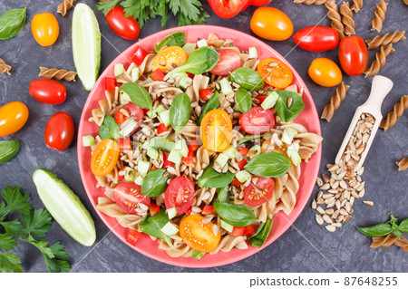 Fresh salad with pasta and vegetables. Best food for dieting and slimming 87648255