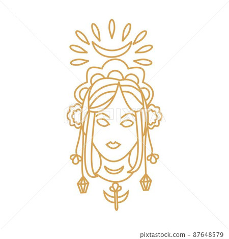 Girl with magical amulets and moon Outline portrait 87648579