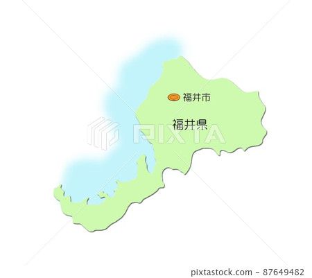 日本地圖，福井縣中部地區，有陰影，有海，綠色 87649482