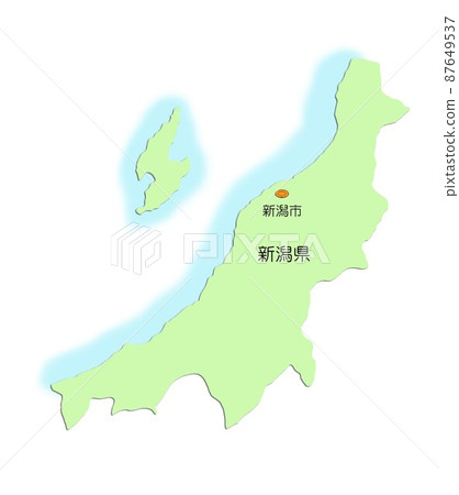 日本地圖，中部地區，新潟縣，有陰影，有海，有佐渡島，綠色 87649537