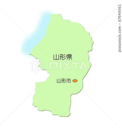 日本，東北地區，山形縣地圖，有陰影，有海，綠色 87649561