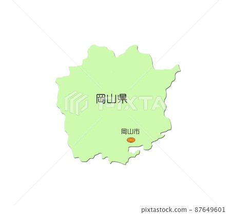 Map of Japan, Chugoku region, Okayama prefecture, shaded green 87649601