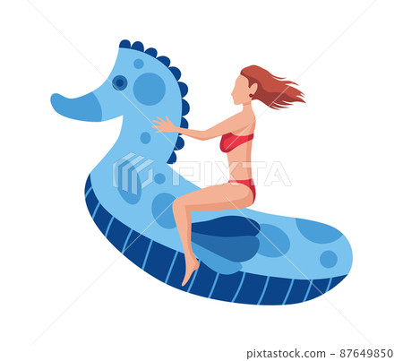 Woman float on air mattress. Fun female character. Young lady swimming on inflatable ring in the shape of a seahorse. Summertime flat cartoon illustration 87649850