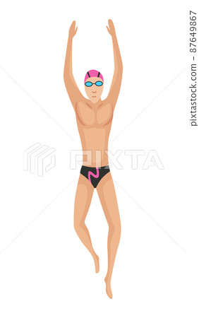 Swimmer character of swimming men in swimsuit, hat and glasses. People in action pose or engaged water sport. Colorful vector illustration in cartoon style isolated on white background 87649867