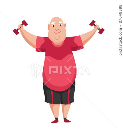 Old people exercises. Healthy active lifestyle of older male. Elderly people doing morning gymnastic. Old man doing exercises with dumbells 87649899