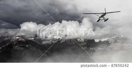 Single Engine Seaplane Flying over the Rocky Mountain Landscape 87650242