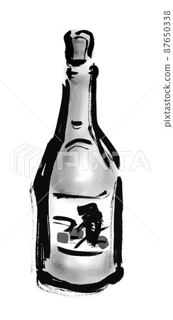 Hand-painted Japanese-style illustration of sake in a bottle, monochrome Hand-painted Japanese-style illustration of sake in a bottle, monochrome 87650338