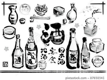 Hand-painted Japanese-style illustration set for sake and sake-related monochrome 87650341