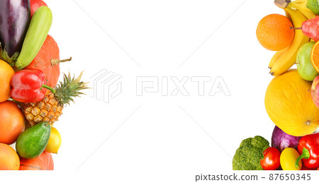 Composition of fruits and vegetables isolated on white . Free space for text. Composition of fruits and vegetables isolated on white . Free space for text. 87650345