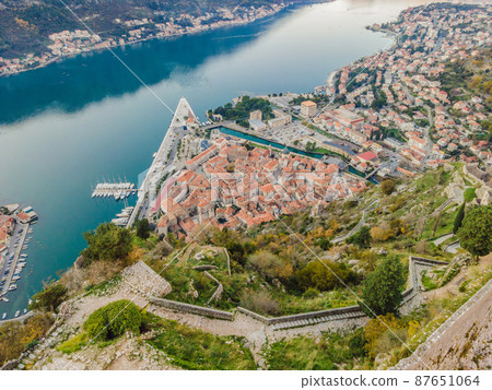 Kotor Old Town Ladder of Kotor Fortress Hiking Trail. Aerial drone view 87651064