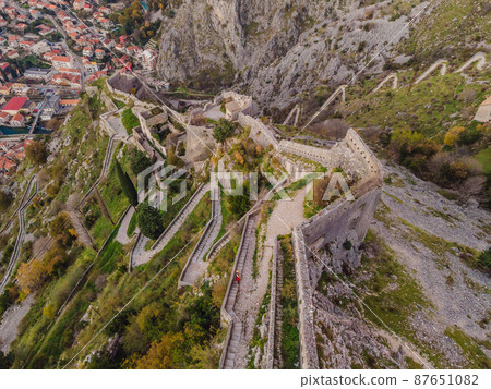 Kotor Old Town Ladder of Kotor Fortress Hiking - Stock Photo