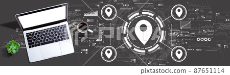 Map pin concept with a laptop computer Map pin concept with a laptop computer 87651114
